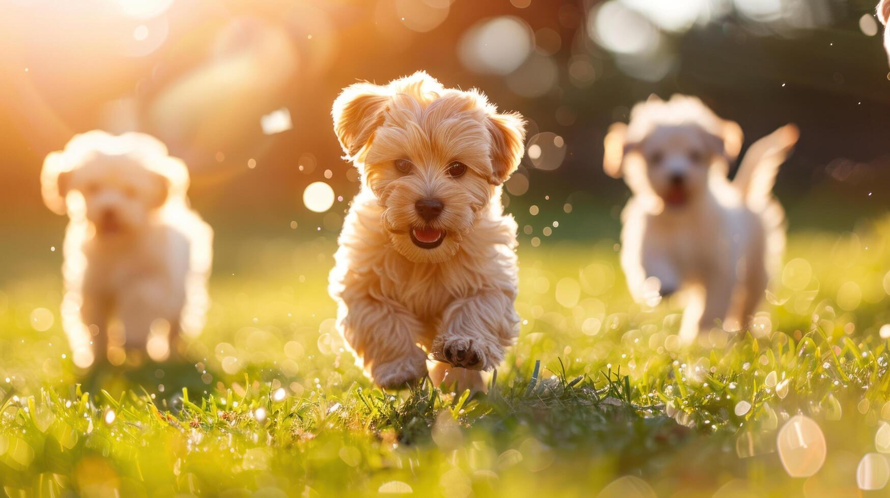 ai gegenereerd puppy's dartelen en tuimelen Aan een zonnig met gras begroeid gazon foto