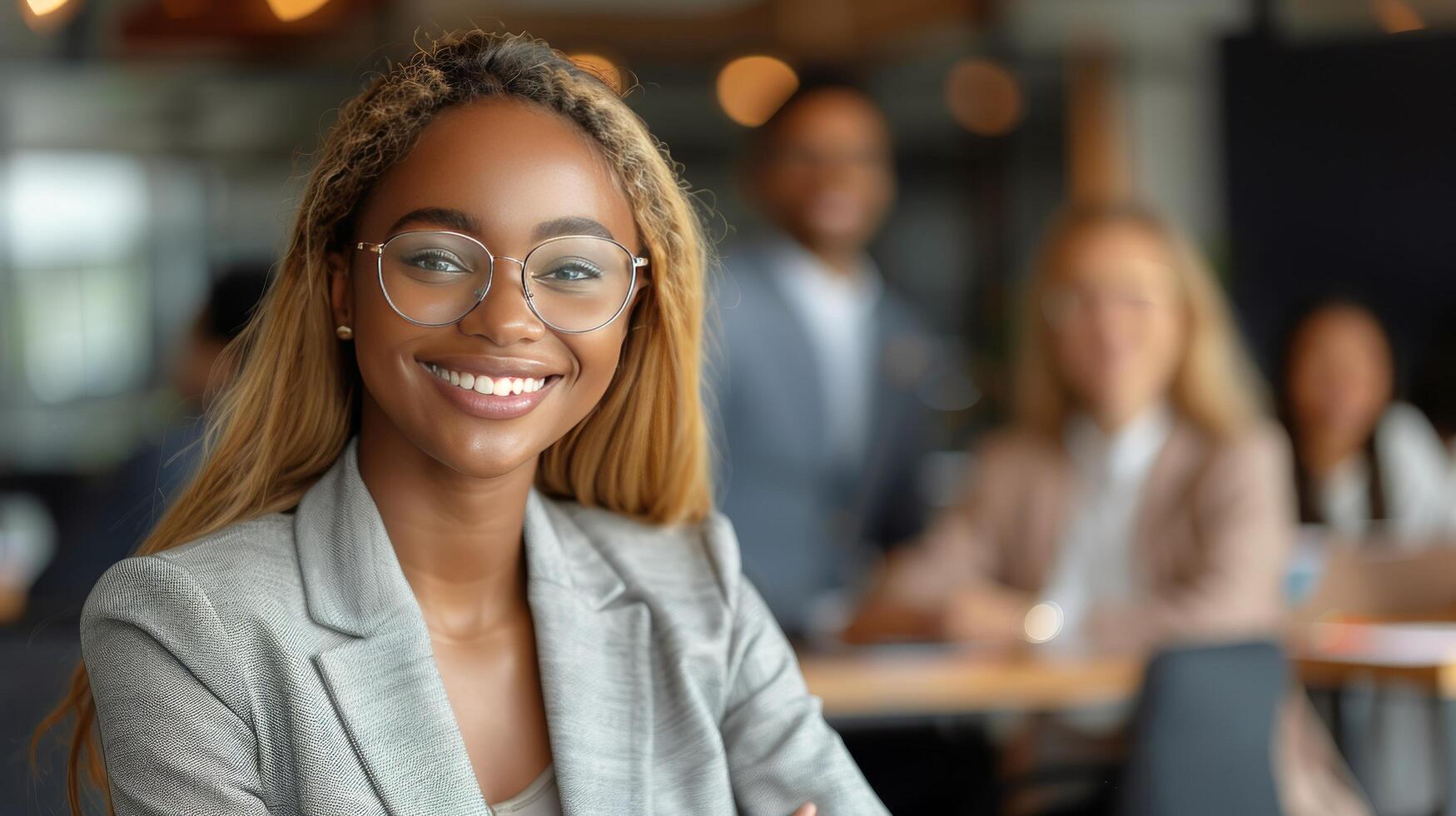 ai gegenereerd vrouw met bril zittend in voorkant van mensen foto