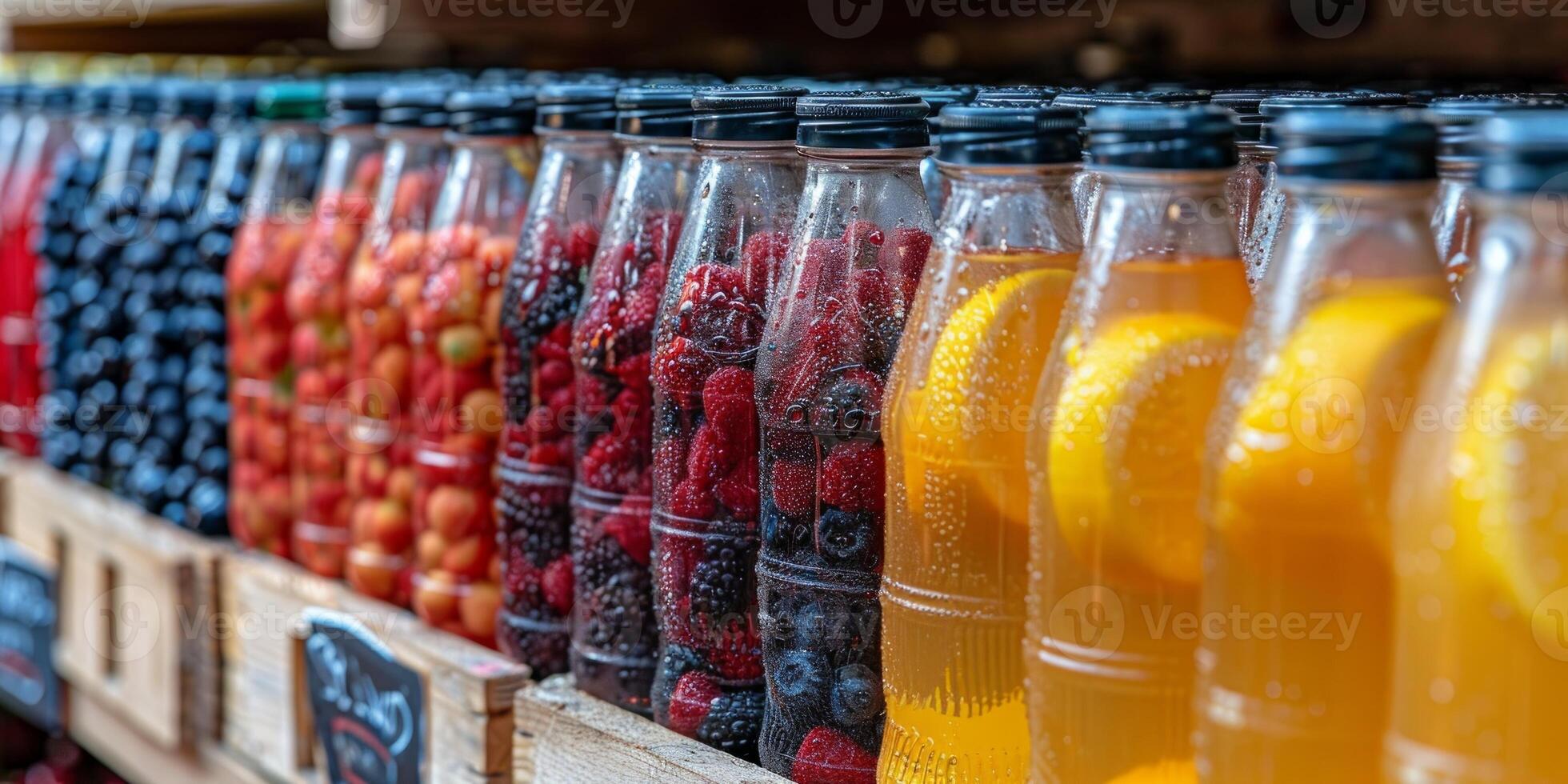 ai gegenereerd fruit en BES sap in flessen Aan een markt kraam. foto
