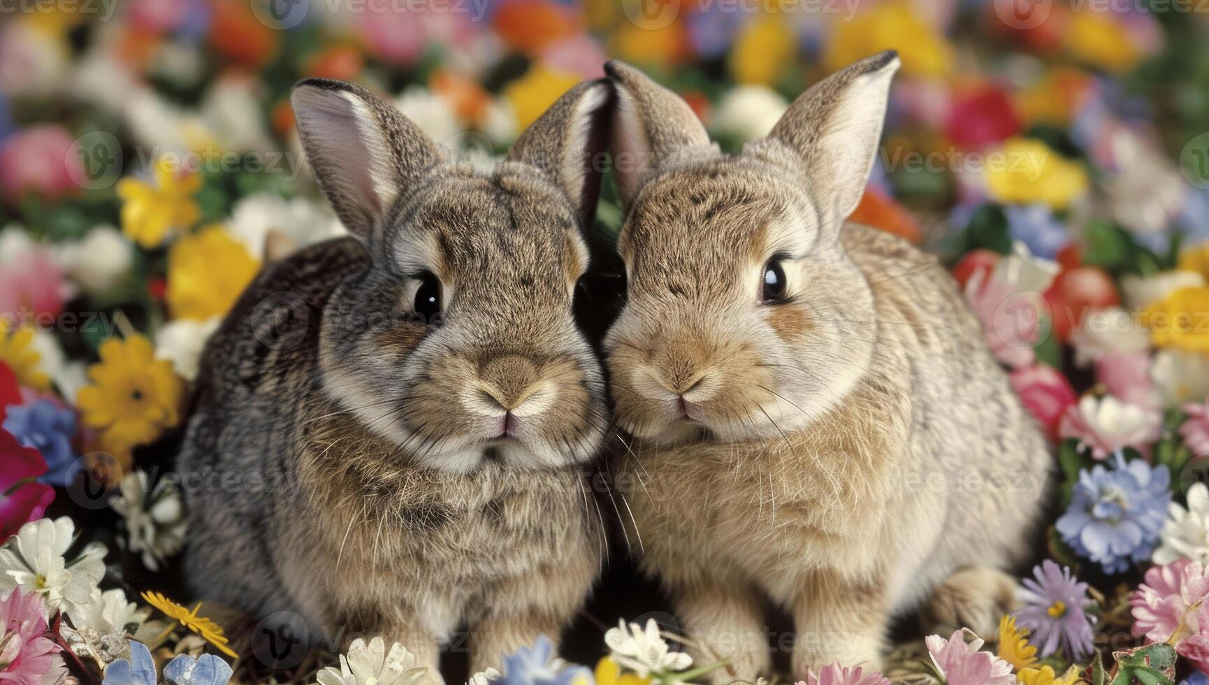 ai gegenereerd twee aanbiddelijk konijnen knuffelen in een veld- van kleurrijk bloemen foto