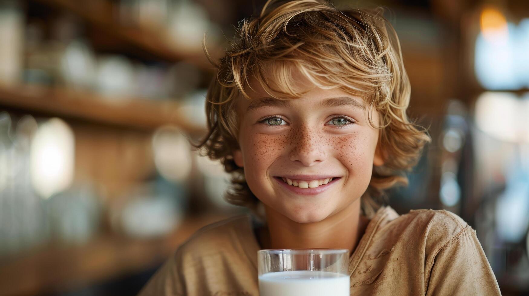 ai gegenereerd weinig jongen Holding glas van melk foto