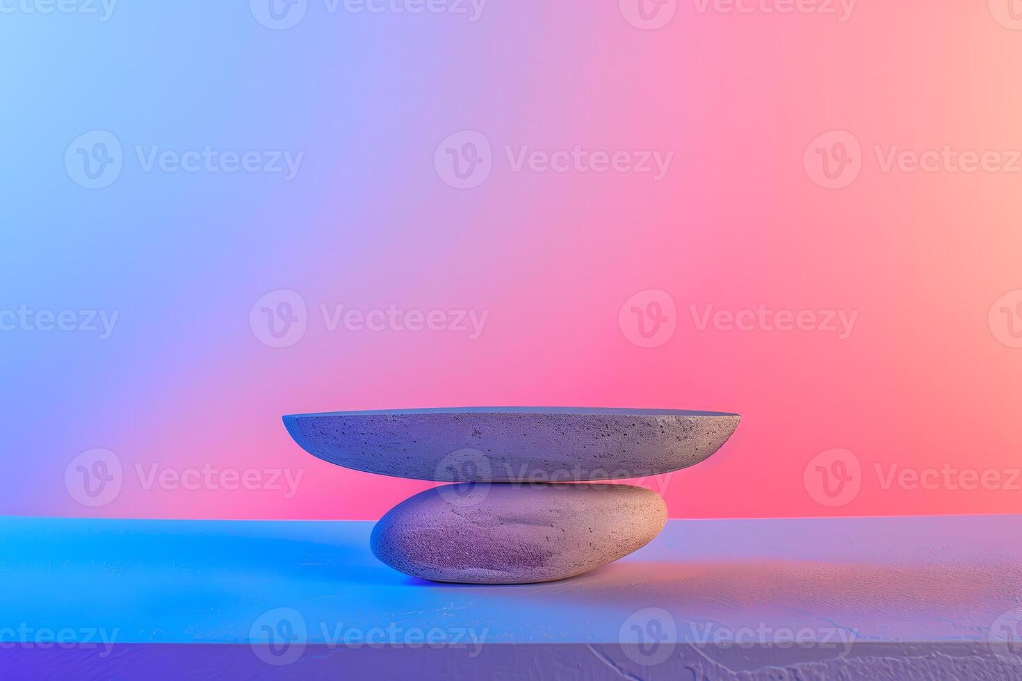 ai gegenereerd rustig balans van twee stenen tegen een levendig roze en blauw backdrop foto