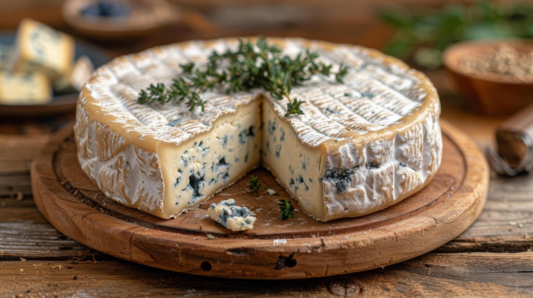 ai gegenereerd blauw kaas Aan houten snijdend bord foto