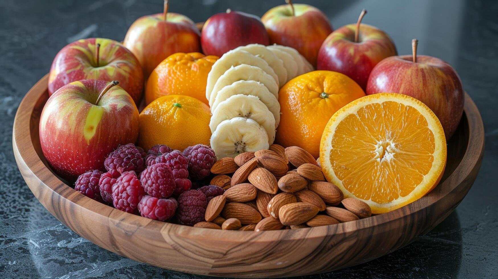 ai gegenereerd houten kom met geassorteerd fruit en noten foto