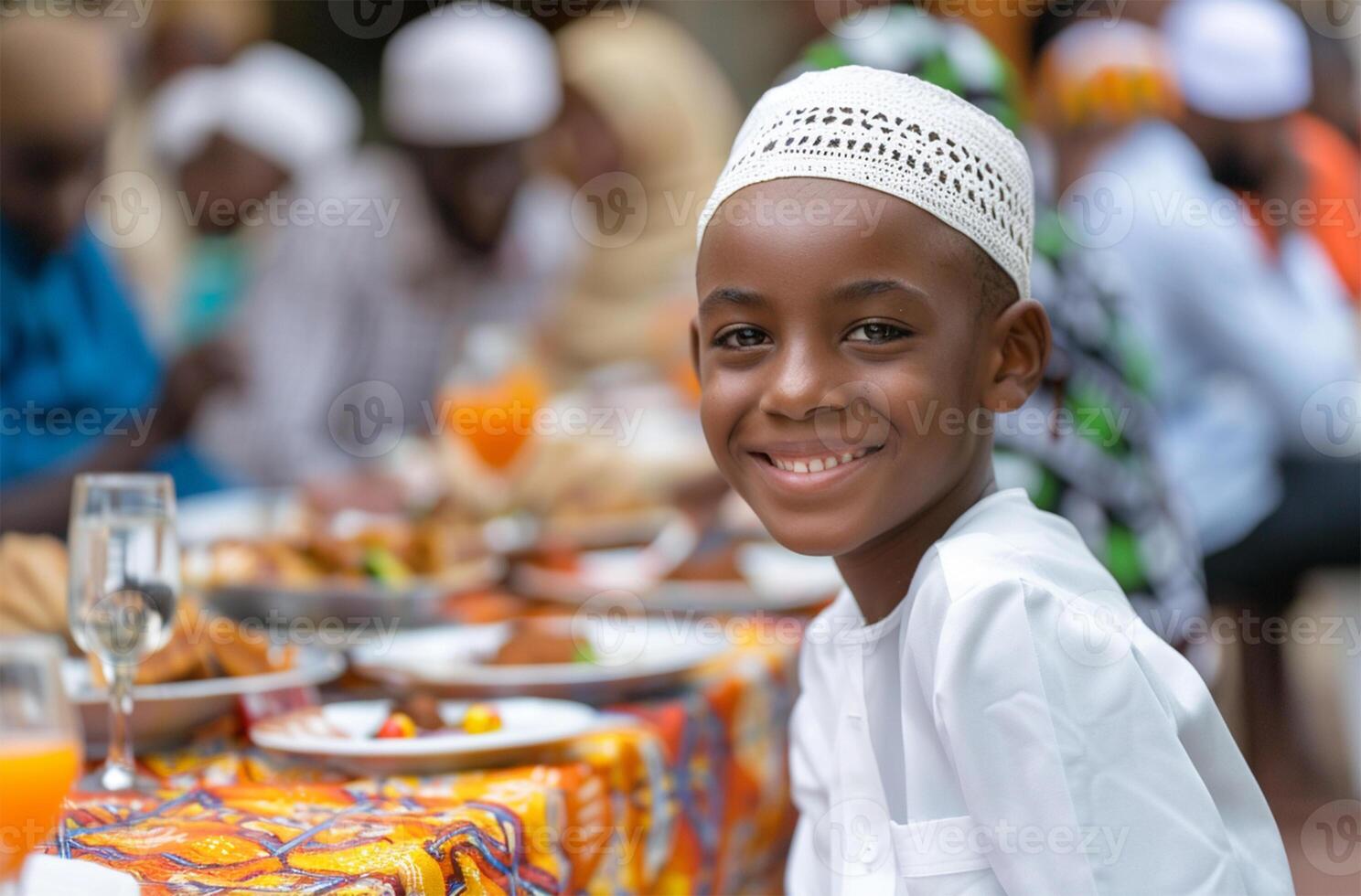 ai gegenereerd familie hebben lunch samen gedurende Ramadan foto