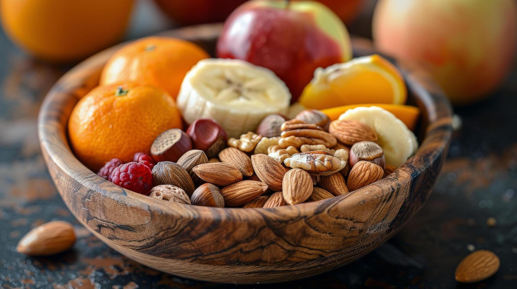 ai gegenereerd houten kom met geassorteerd fruit en noten foto