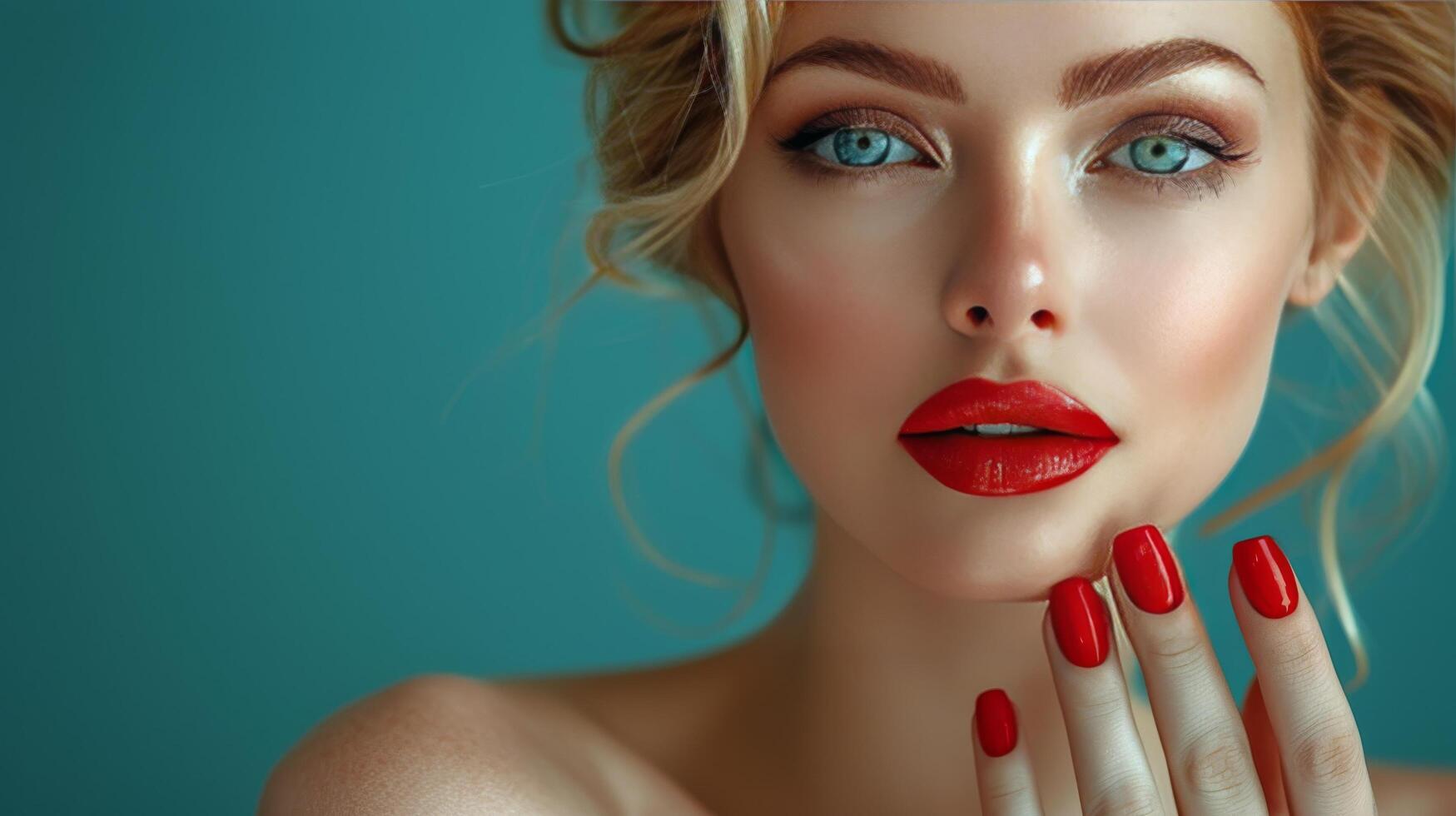 ai gegenereerd dichtbij omhoog portret van vrouw met rood lippenstift foto