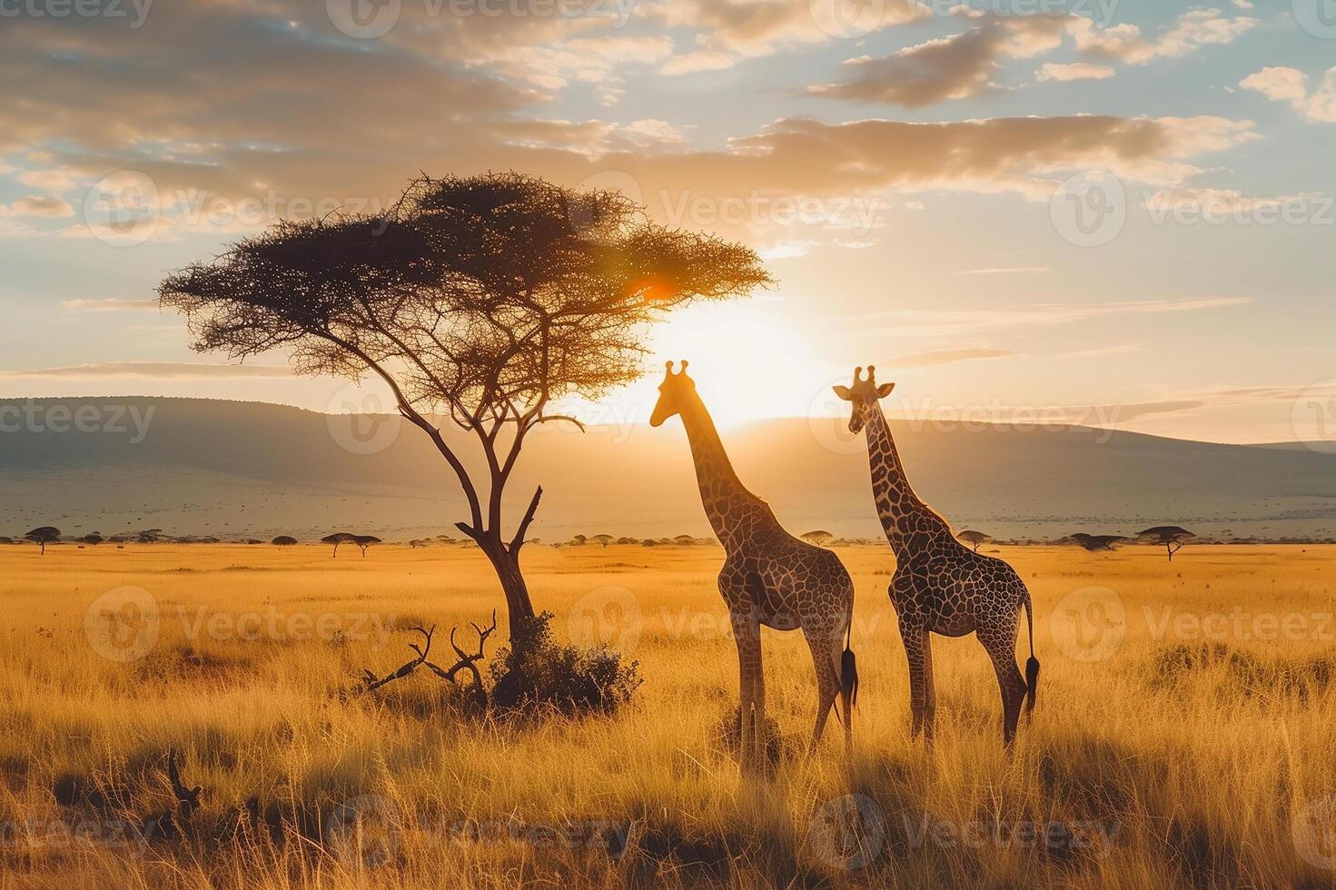 ai gegenereerd giraffe Bij savanne Aan zonsondergang hemel.generatief ai foto