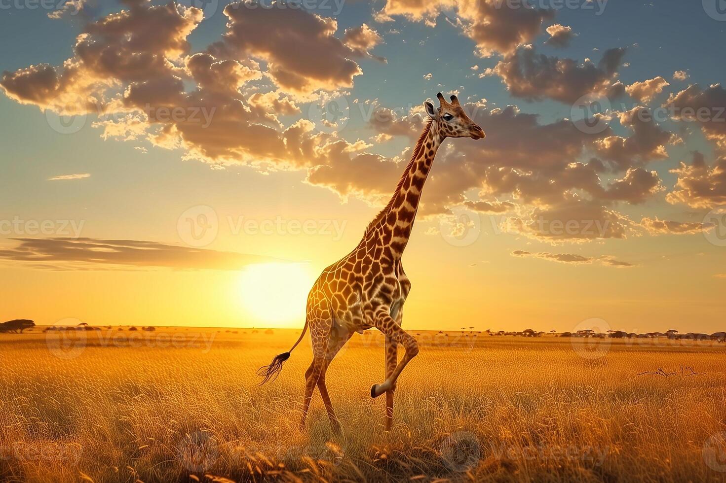 ai gegenereerd giraffe Bij savanne Aan zonsondergang hemel.generatief ai foto