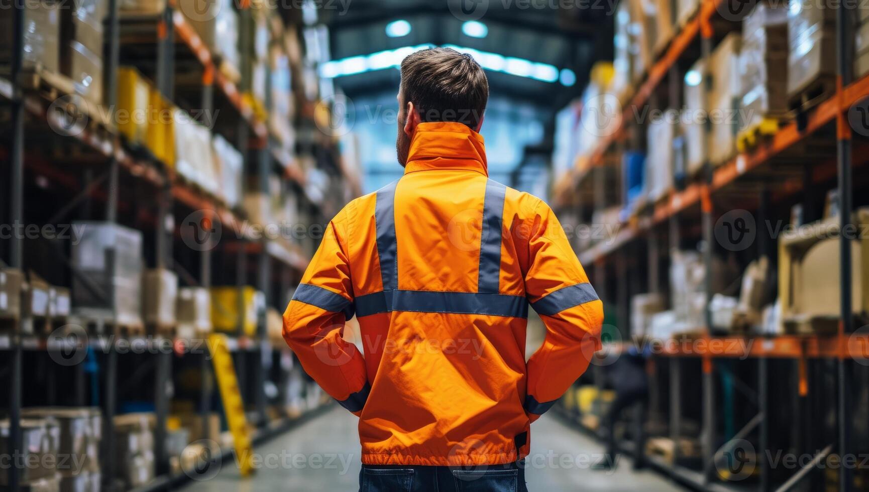 ai gegenereerd magazijn arbeider in oranje veiligheid hesje en uniform staand in opslagruimte faciliteit gangpad. concept van logistiek, voorraad beheer, en verdeling. foto