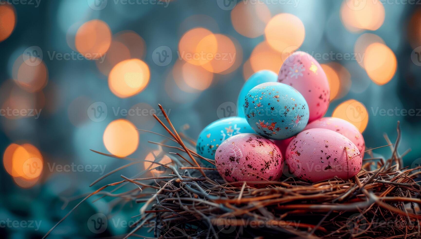 ai gegenereerd kleurrijk Pasen eieren genesteld in takje nest met bokeh lichten achtergrond. voorjaar vakantie viering concept. foto