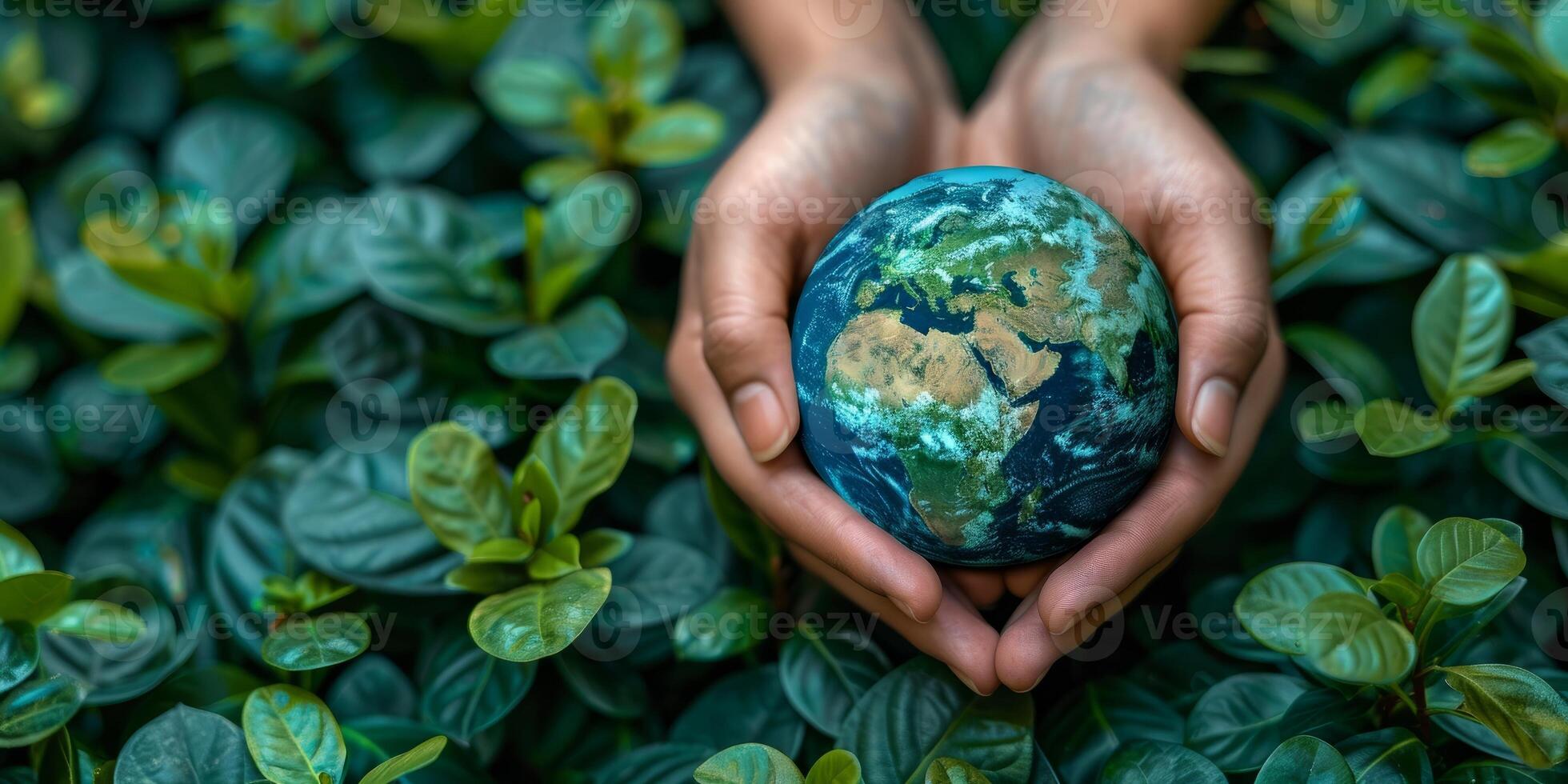 ai gegenereerd dichtbij omhoog van een hand- Holding een wereldbol in voorkant van een weelderig groen achtergrond. de concept van beschermen de milieu en de planeet aarde. foto