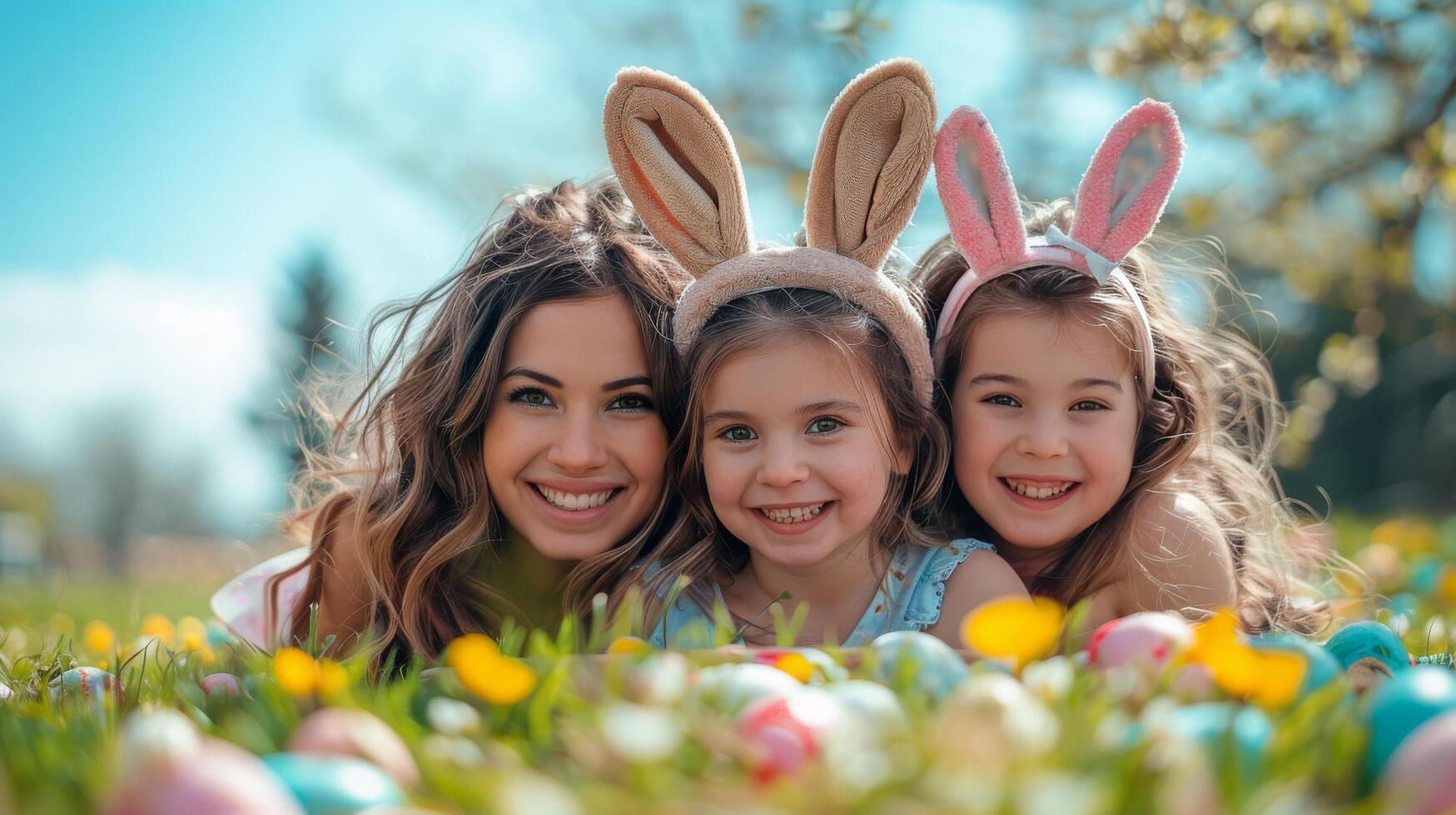 ai gegenereerd drie meisjes met konijn oren houdende in gras foto