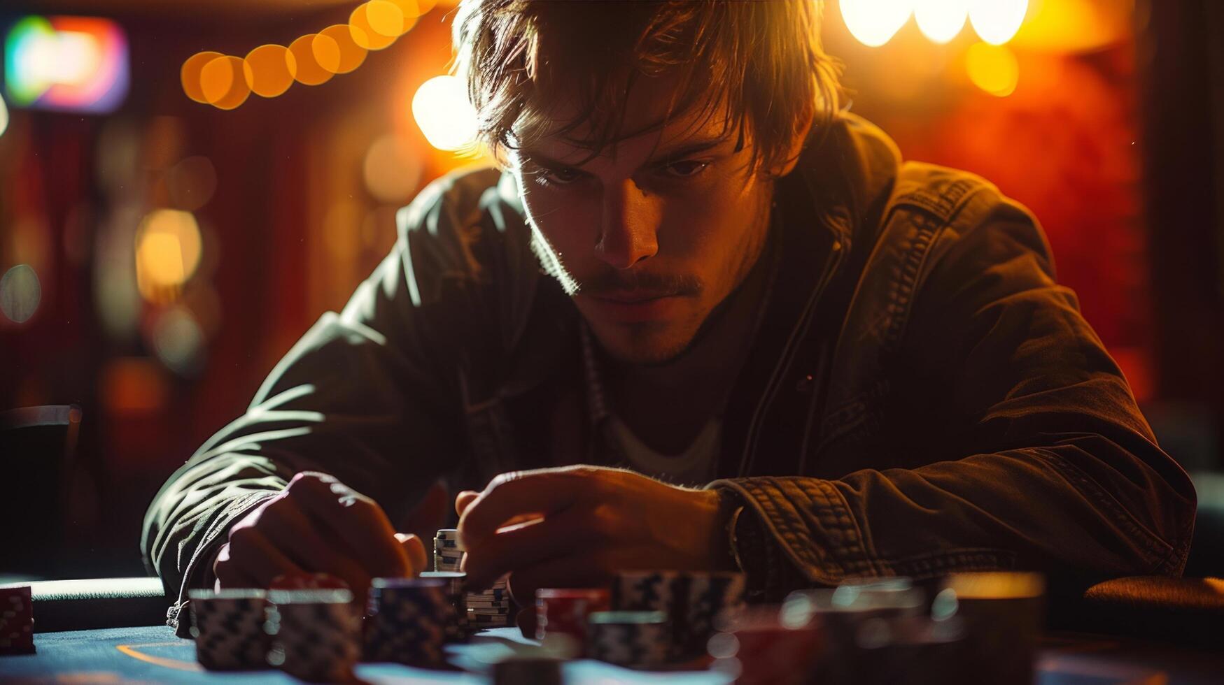 ai gegenereerd Mens zittend Bij casino tafel met chips foto