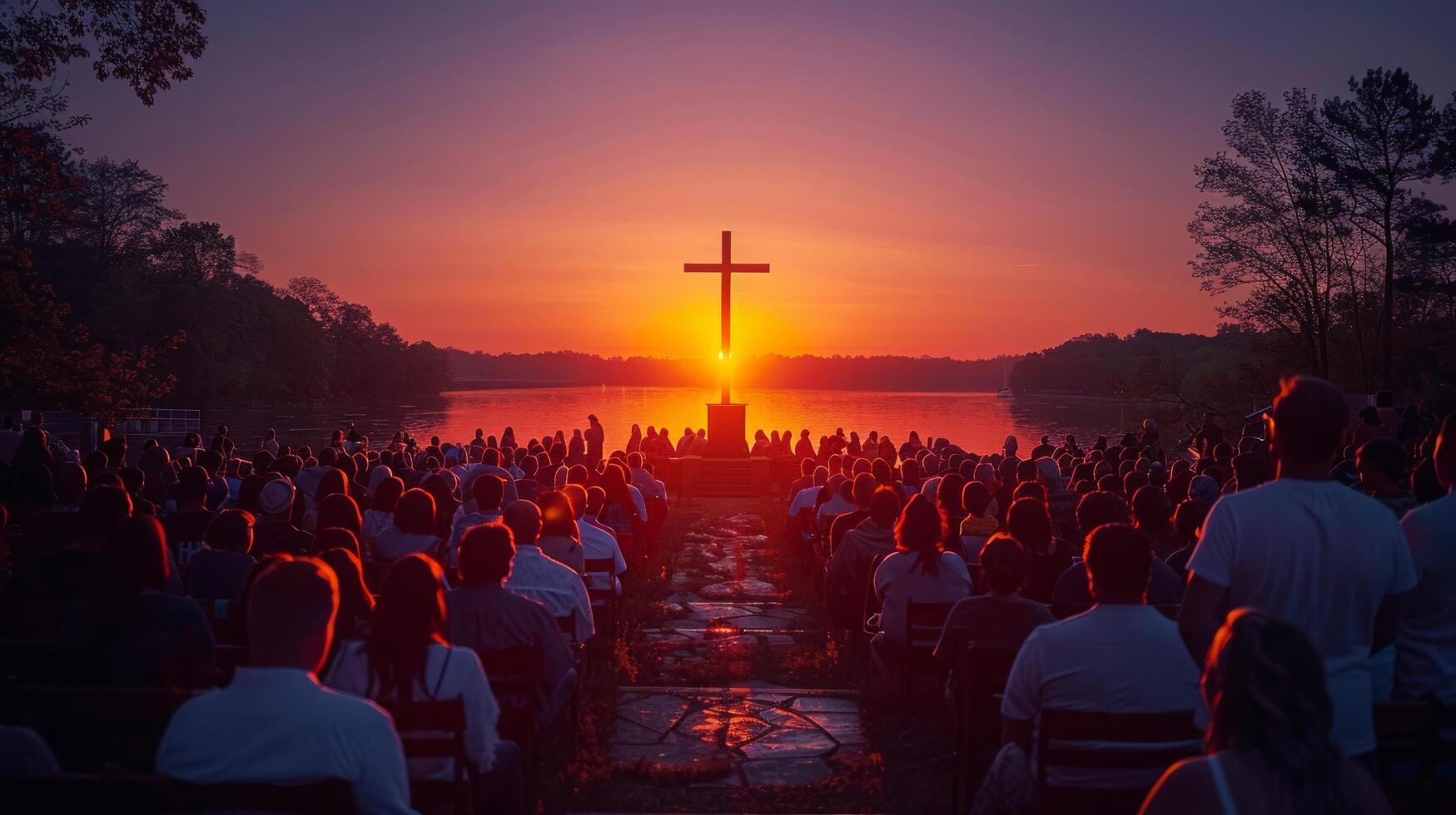 ai gegenereerd groep van mensen zittend in park Bij zonsondergang foto