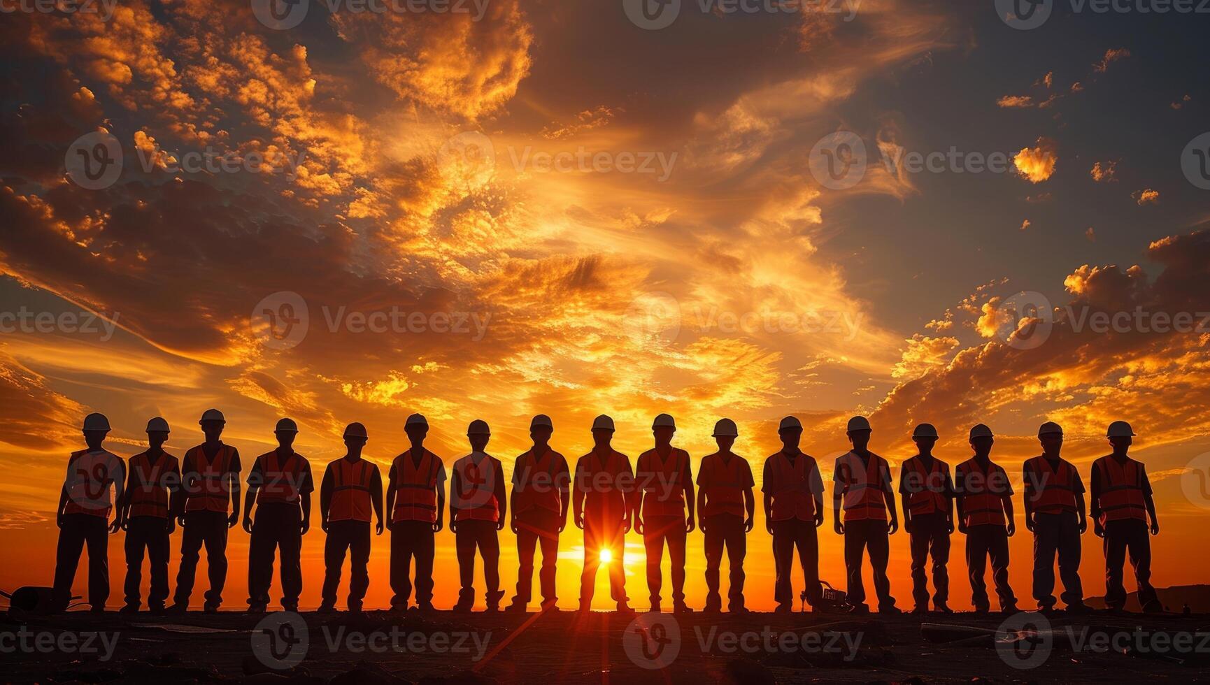ai gegenereerd silhouetten van Verenigde team staand tegen levendig zonsondergang lucht, vertegenwoordigen teamwerk, eenheid en succes foto