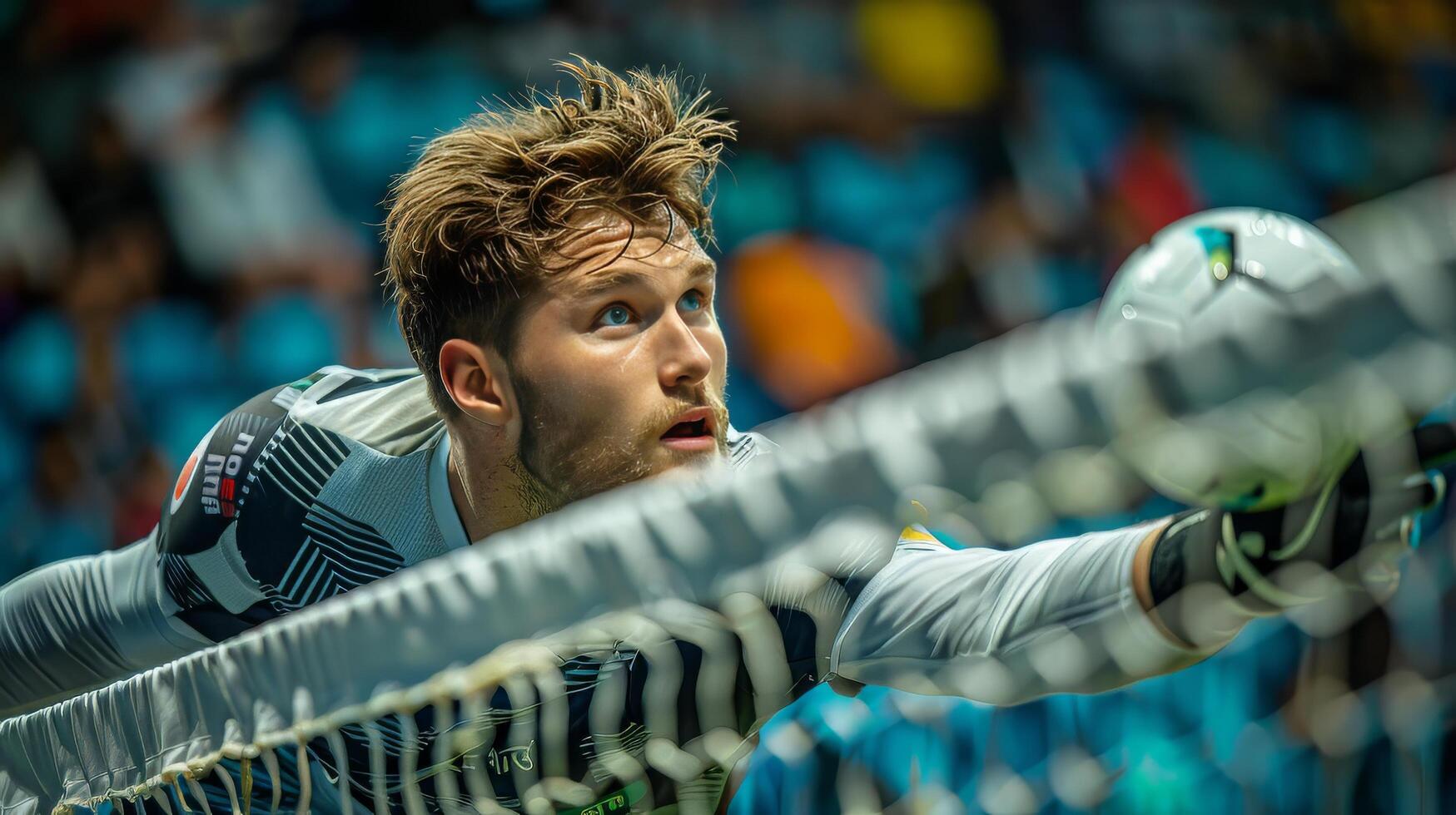 ai gegenereerd mannetje tennis speler in actie Aan de rechtbank foto