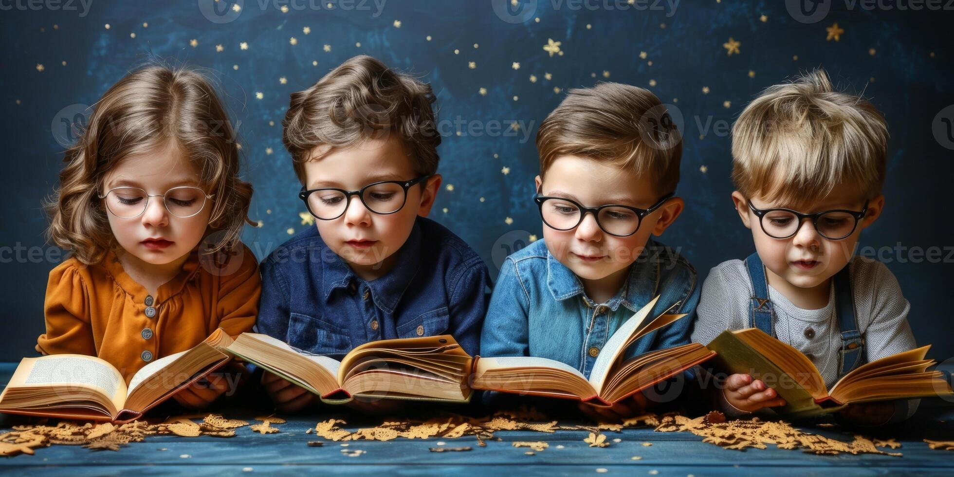 ai gegenereerd kinderen lezing boeken samen, koesteren een liefde voor aan het leren en verbeelding. foto