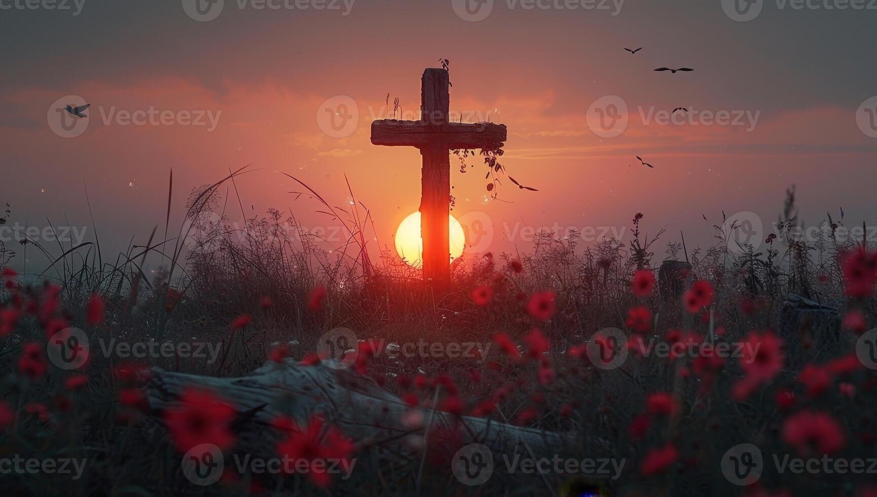 ai gegenereerd een oud houten kruis staat in een veld- van rood bloemen Bij zonsondergang. de lucht is donker en Daar zijn vogelstand vliegend in de achtergrond. foto