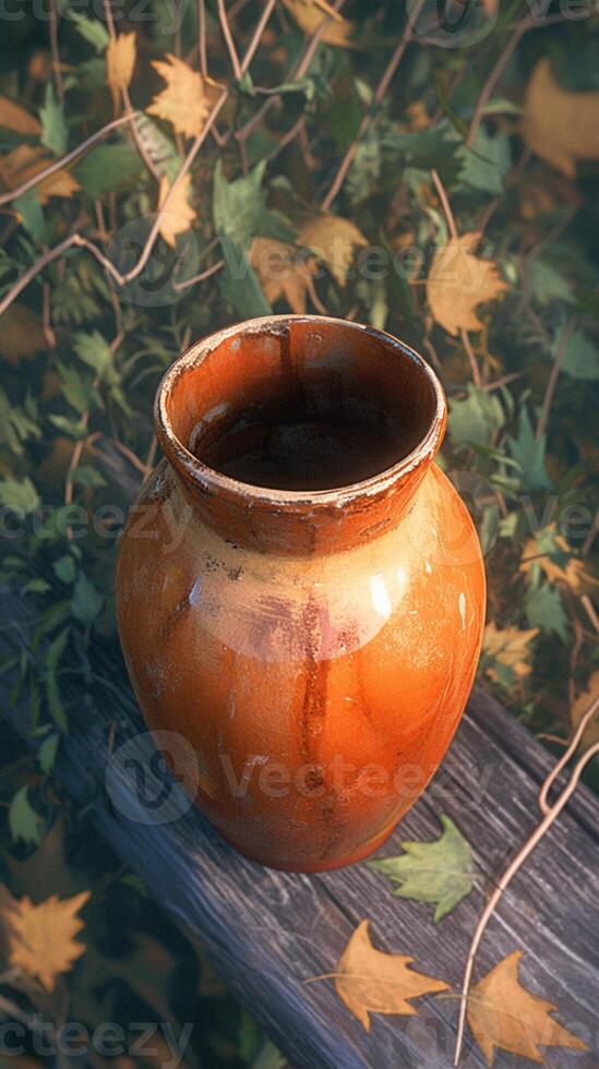 ai gegenereerd detailopname een oud keramisch pot genesteld in een Woud instelling verticaal mobiel behang foto