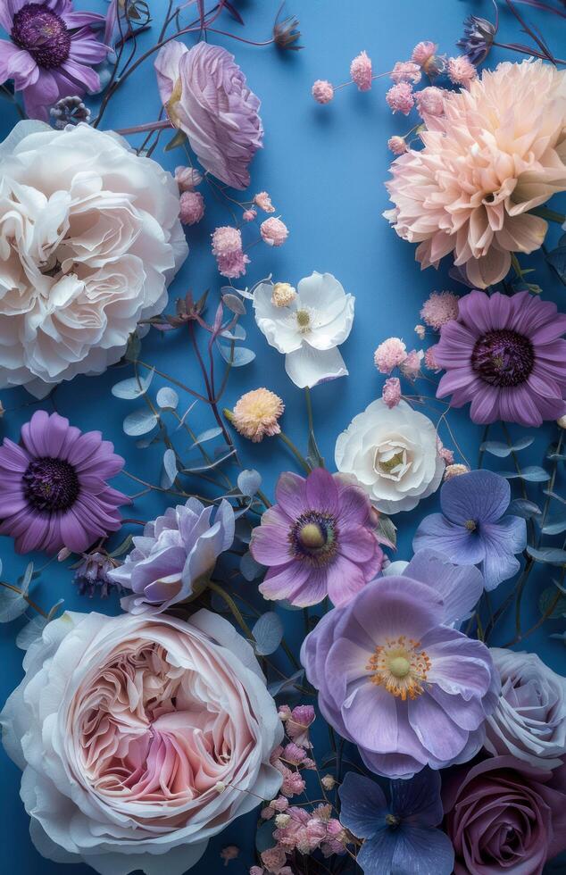 ai gegenereerd Purper en wit bloemen zijn Aan een blauw canvas foto