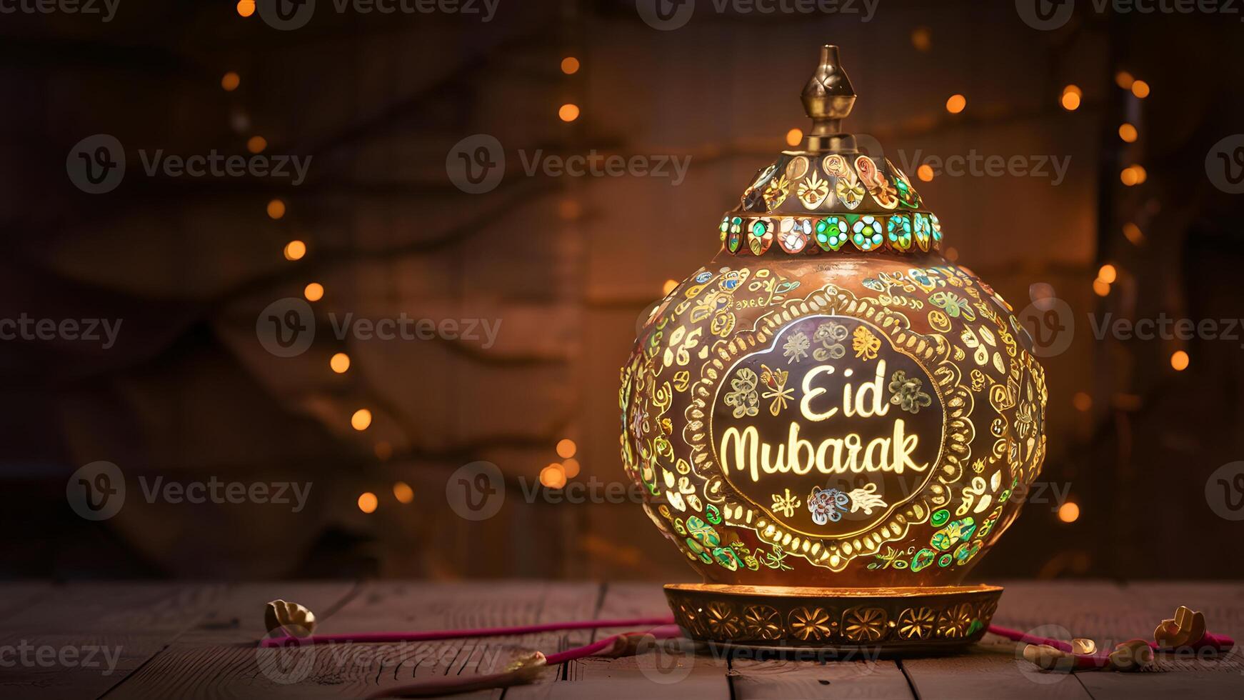 ai gegenereerd ingewikkeld versierd lamp lager eid mubarak wensen, feestelijk gevoel foto