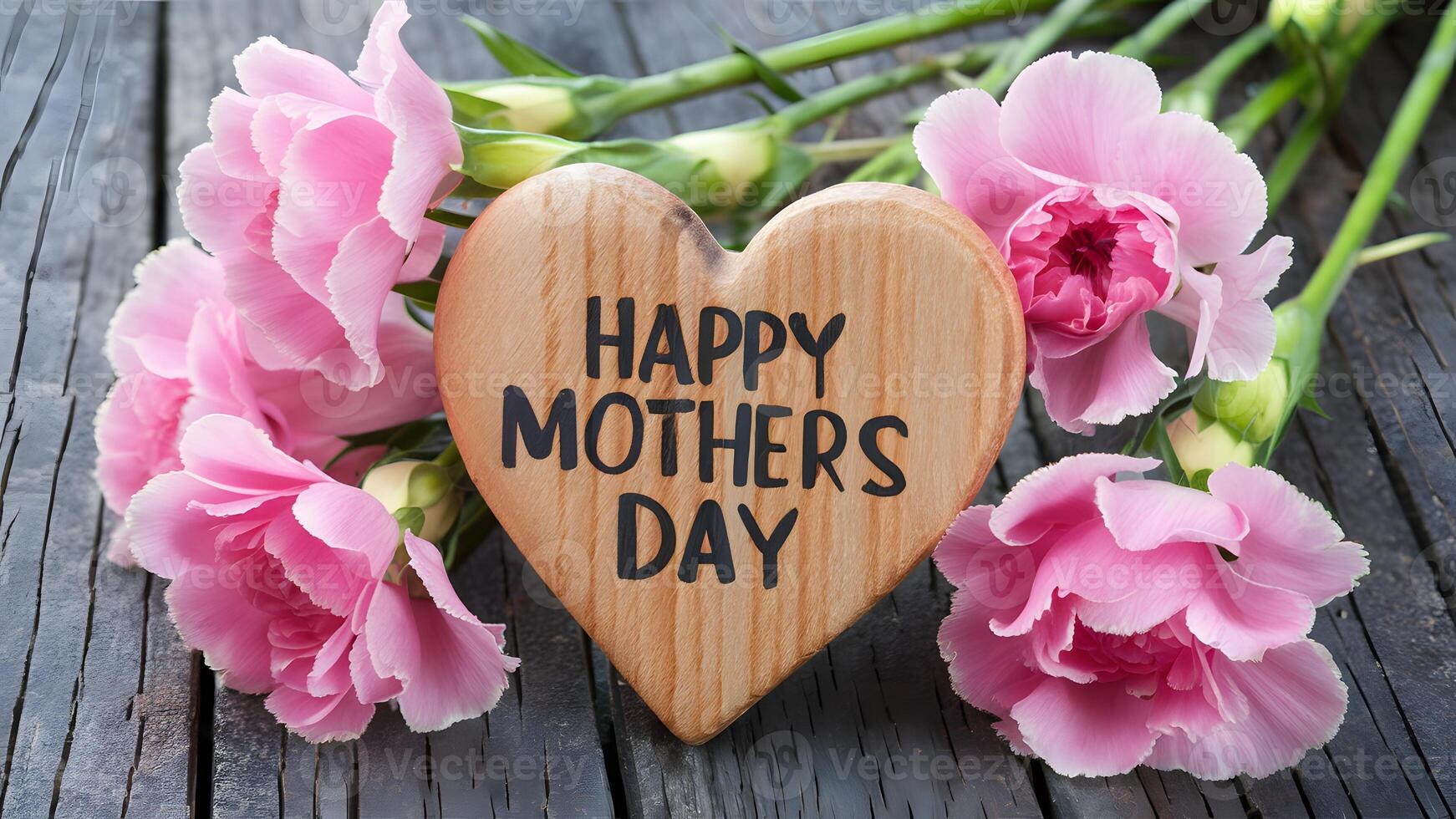 ai gegenereerd roze anjer bloemen met hout hart, gelukkig moeders dag foto