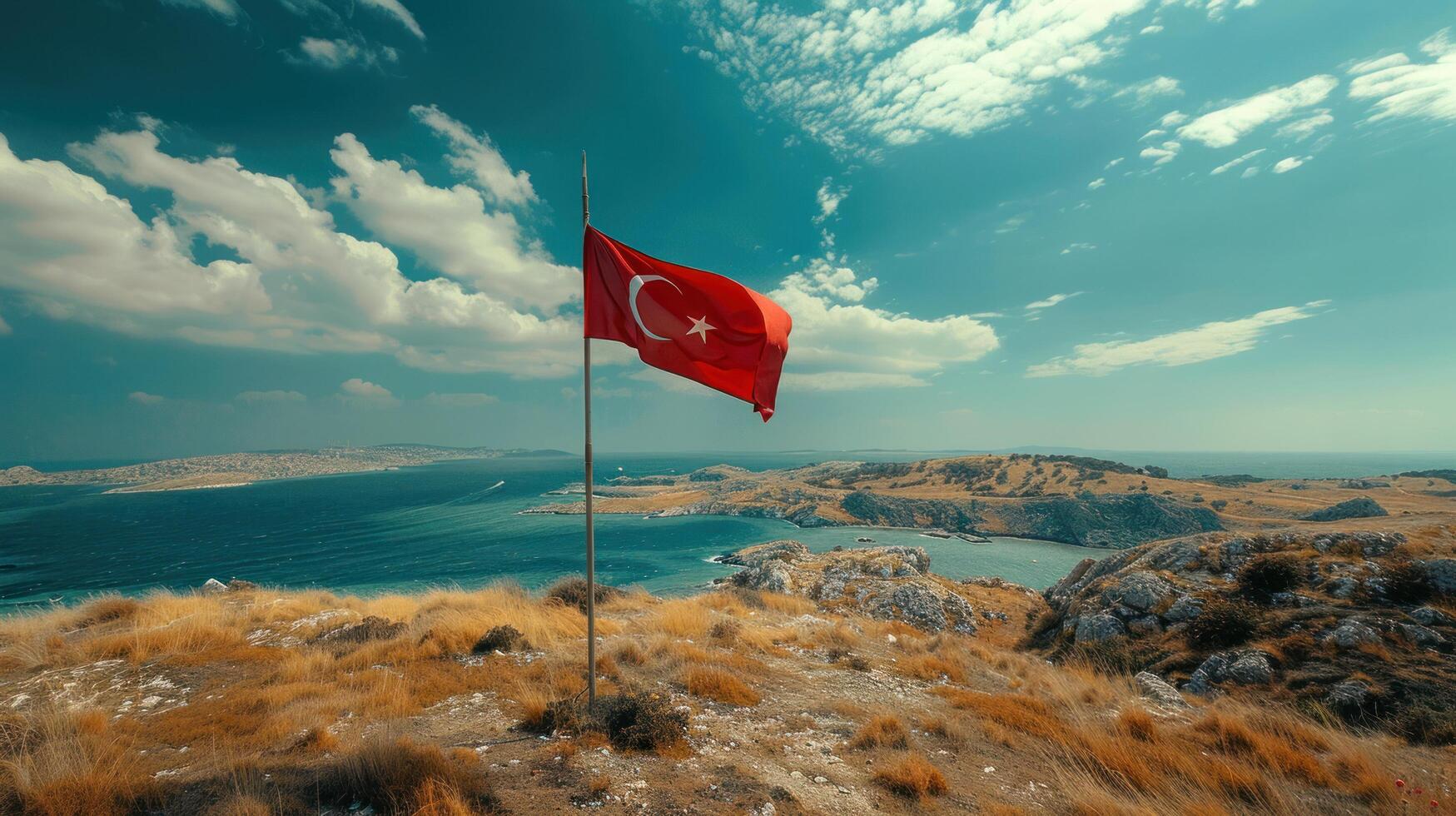 ai gegenereerd een Turks nationaal vlag is weergegeven Aan een pool buitenshuis foto