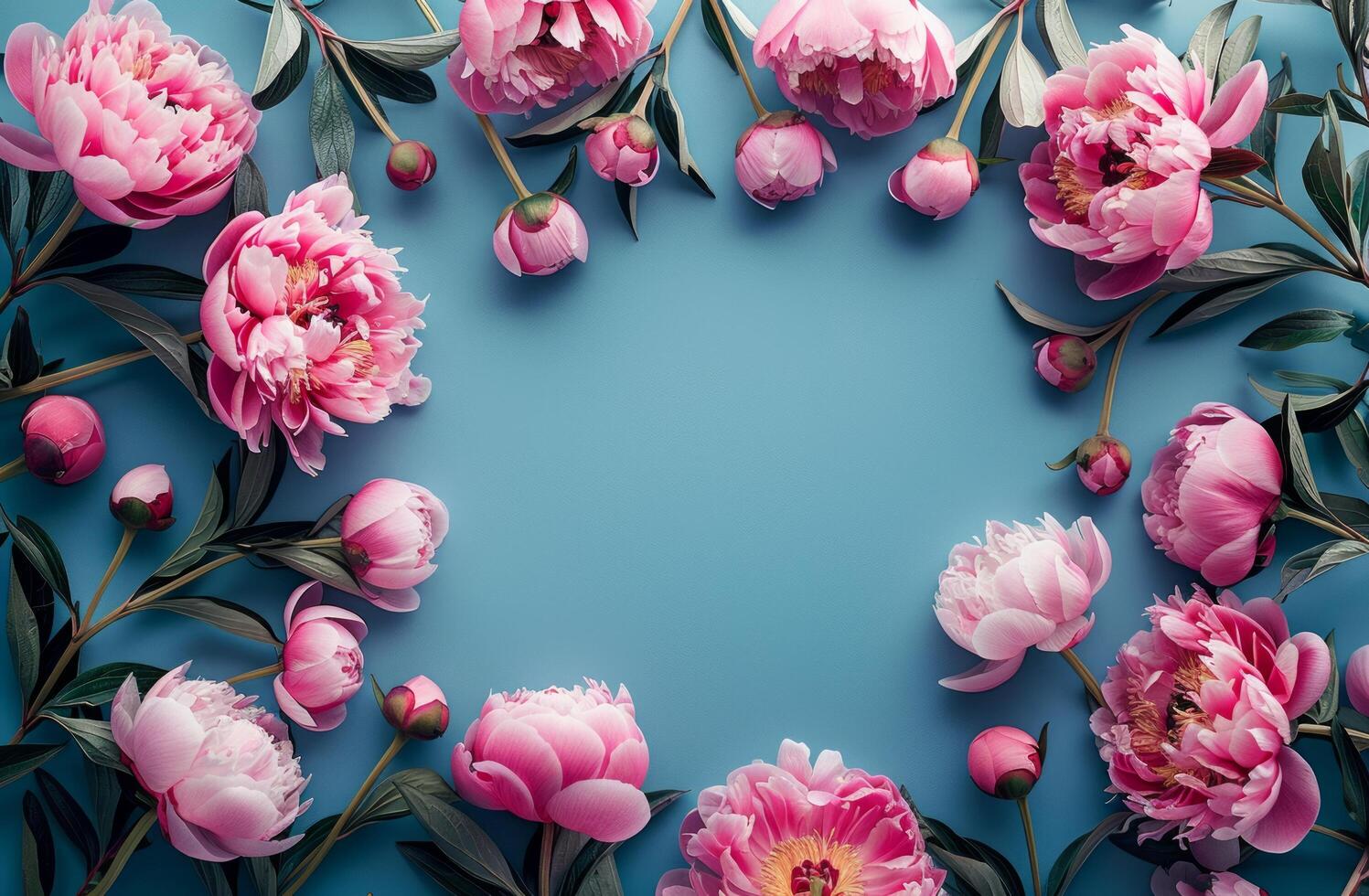 ai gegenereerd kader met wit TV scherm kader geïsoleerd Aan blauw achtergrond met roze pioen bloemen foto