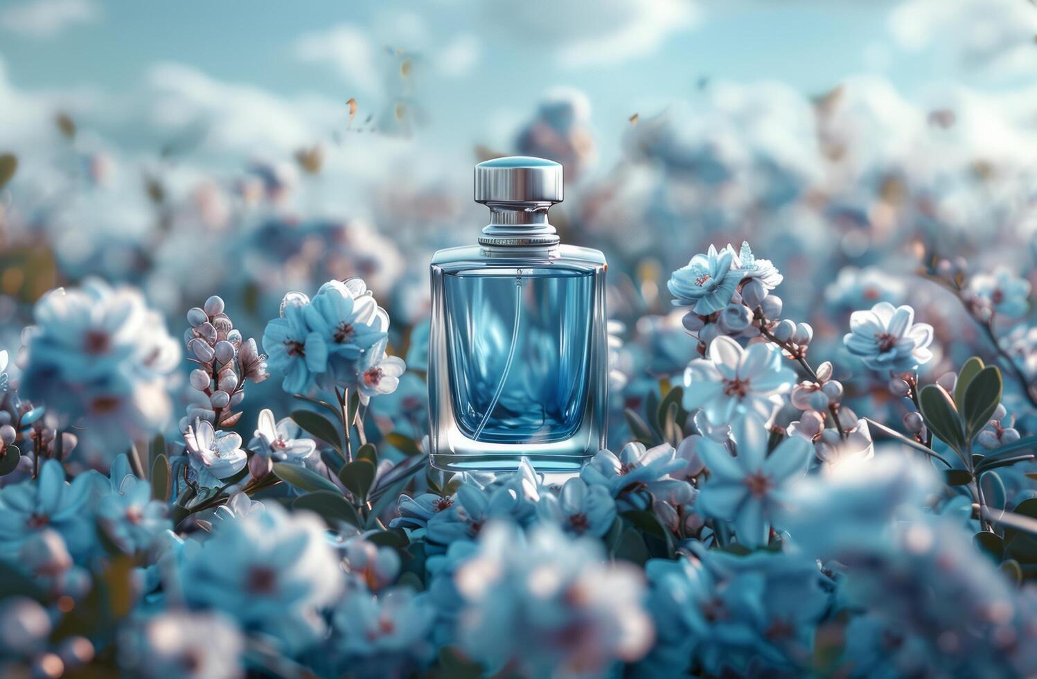 ai gegenereerd een parfum fles geplaatst boven een bed van bloemen, creëren een delicaat en geurig tafereel foto