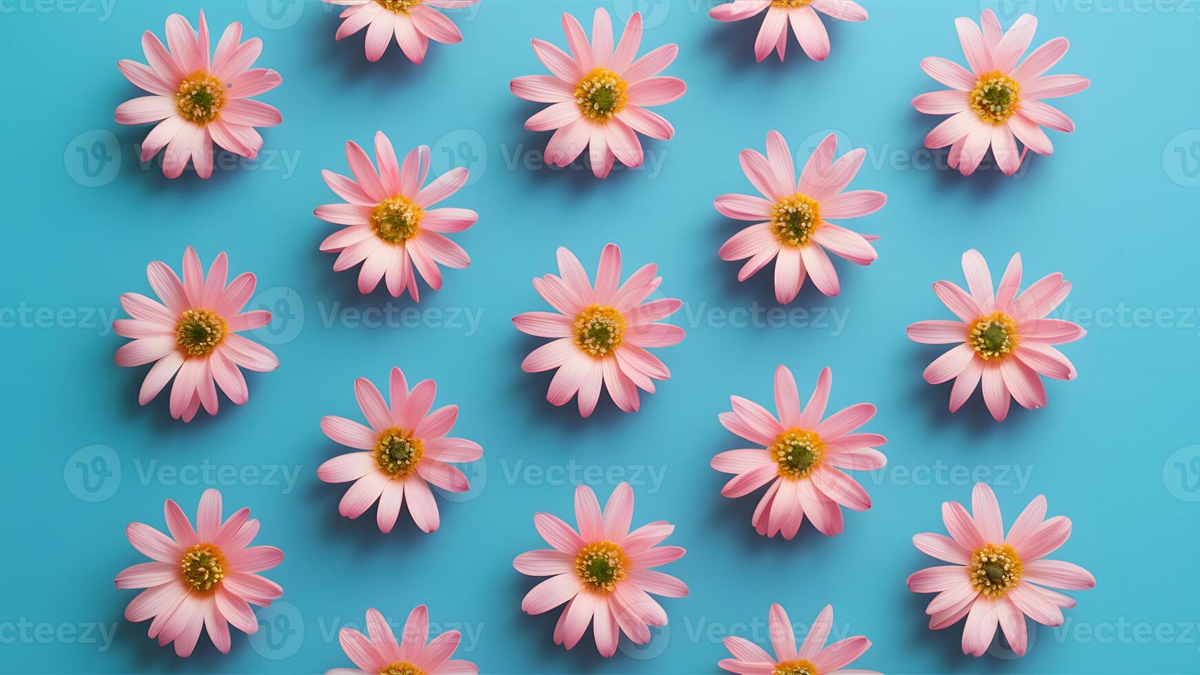 ai gegenereerd mooi roze bloemen Aan blauw achtergrond, top visie vlak leggen foto