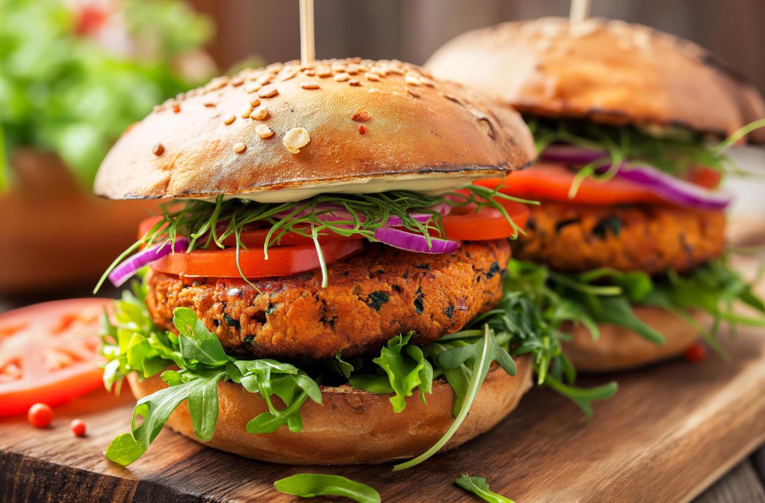 ai gegenereerd fijnproever vegetarisch hamburger duo foto