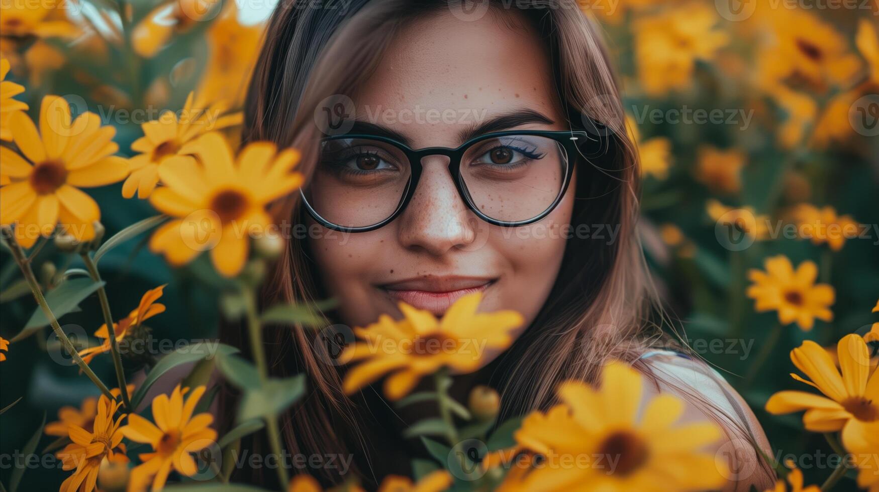 ai gegenereerd vrouw genieten van kalmte tussen levendig geel bloemen foto