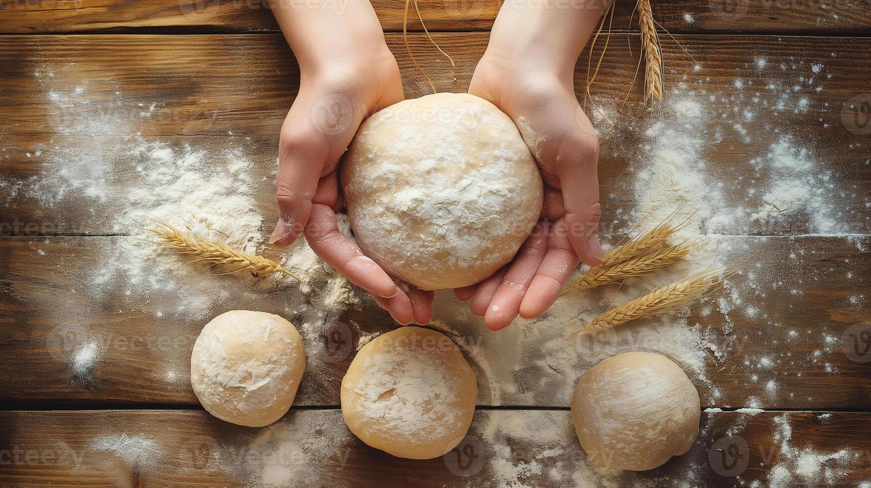 ai gegenereerd handen Holding vers deeg Aan een houten oppervlak. een persoon kneedt deeg, beeldhouwt een het formulier van brood Aan een houten tafel met meel. gebakjes, brood maken, huis bakken werkwijze. top visie foto