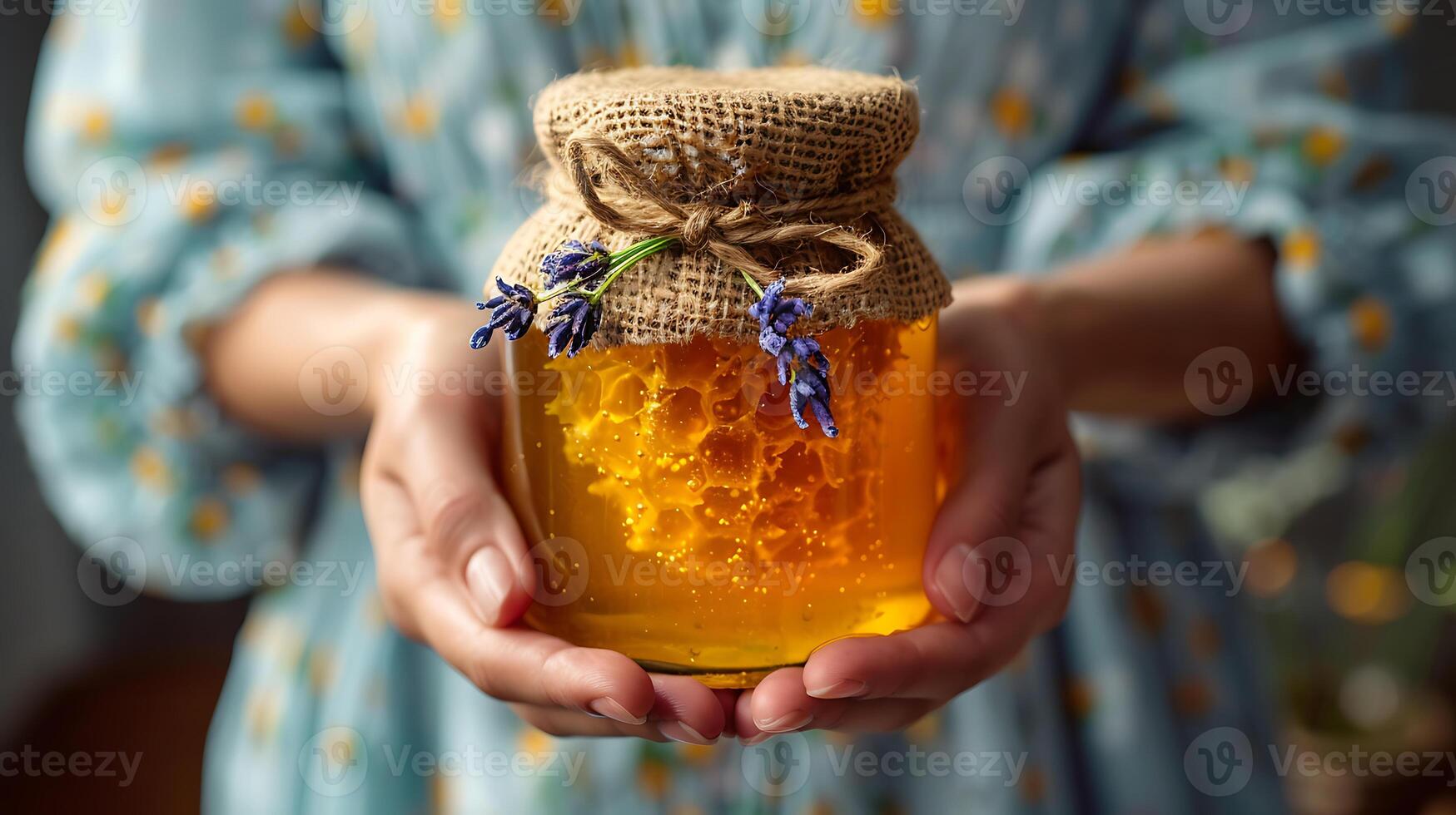 ai gegenereerd Holding vers biologisch honing pot Aan een wit achtergrond foto