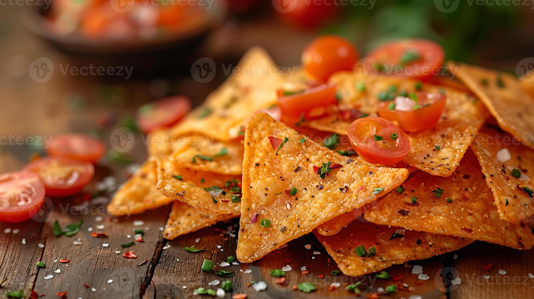 ai gegenereerd vers smakelijk voedsel nacho's Aan een houten tafel dichtbij omhoog visie foto