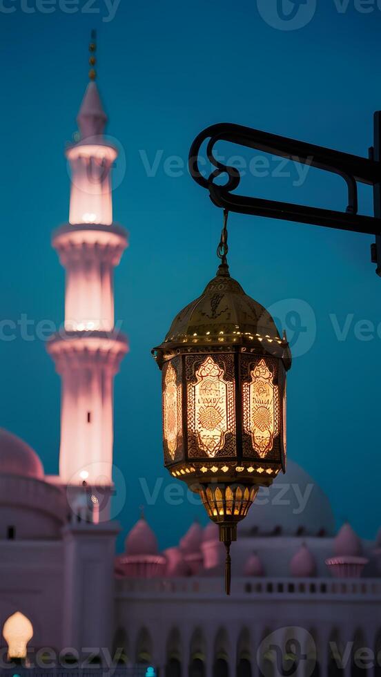 ai gegenereerd traditioneel lantaarn gloeit tegen moskee achtergrond, vieren eid festiviteiten verticaal mobiel behang foto