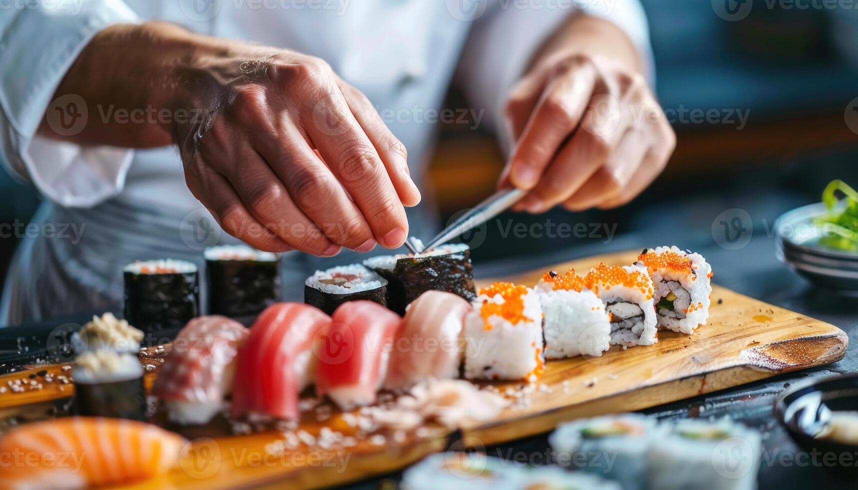 ai gegenereerd meester chef voorbereidingen treffen sushi schotel foto