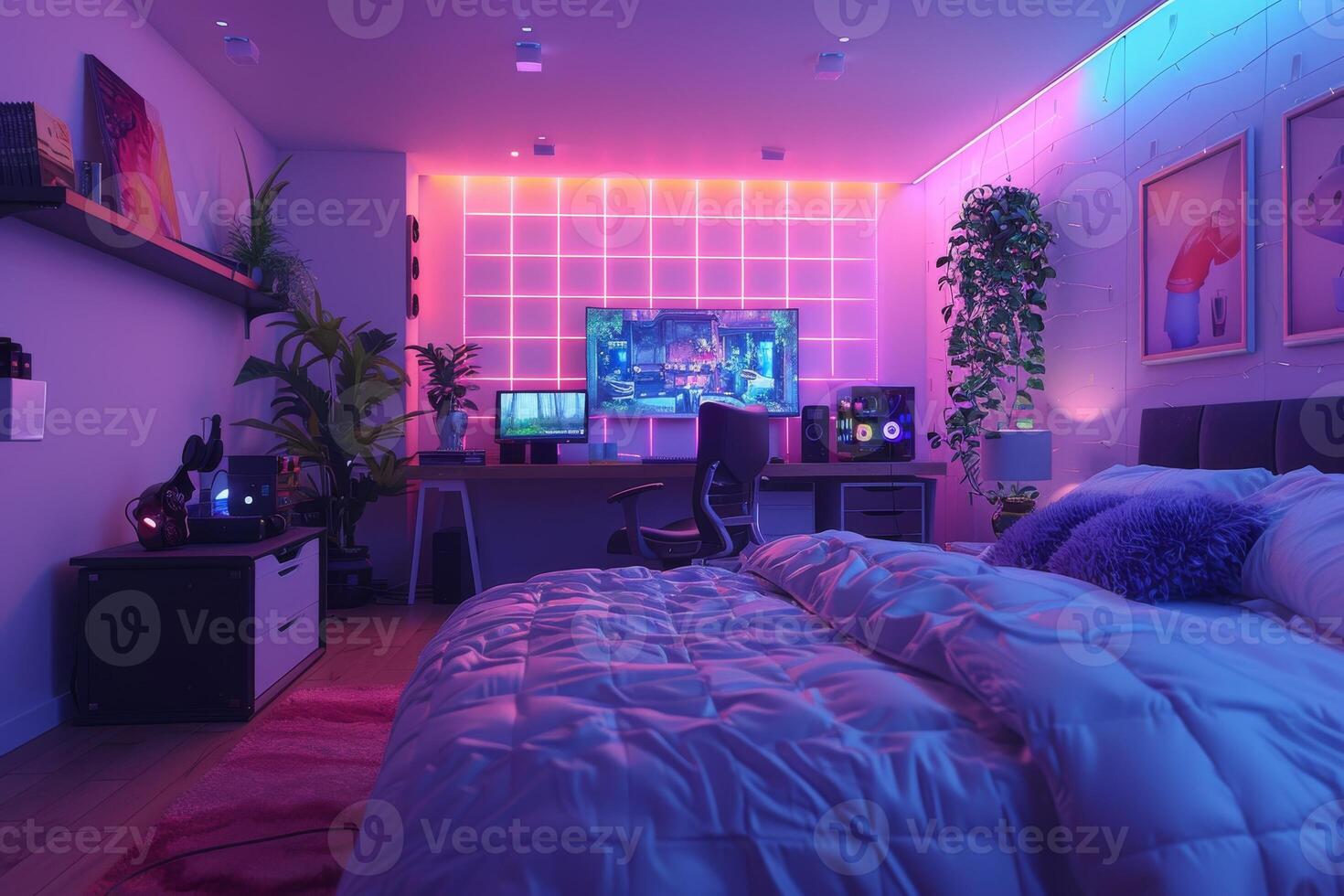 ai gegenereerd een gamers slaapkamer met verlicht muur paneel foto