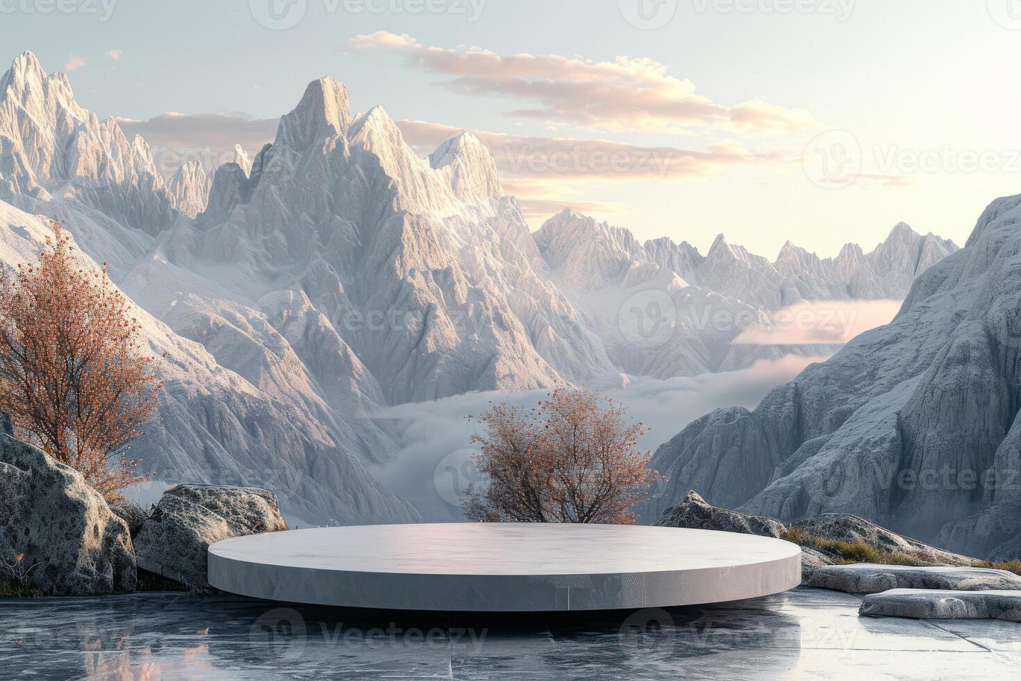 ai gegenereerd een minimalistische podium geïnspireerd door de schoonheid van een berg landschap foto