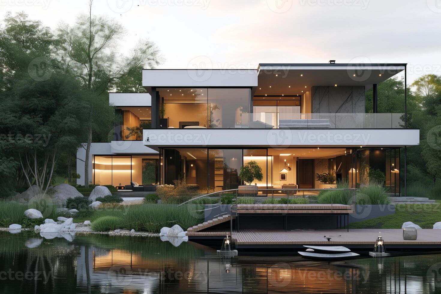 ai gegenereerd een modern minimalistische huis met uitzicht een rustig meer foto