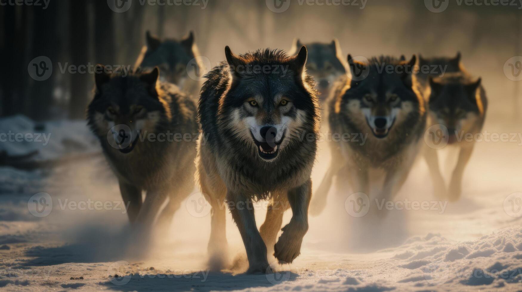 ai gegenereerd een groep van wolven rennen in de sneeuw. generatief ai foto