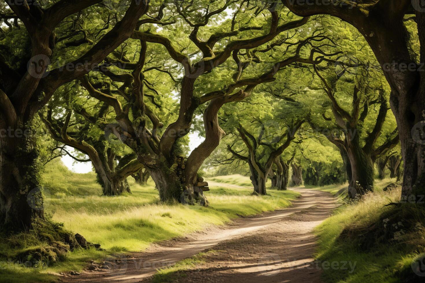 ai gegenereerd een rustig platteland pad bekleed met oud eik bomen. generatief ai foto