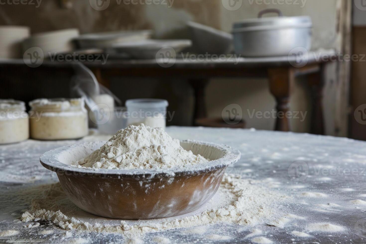 ai gegenereerd stevig bakkerij meel tafel rustiek. genereren ai foto