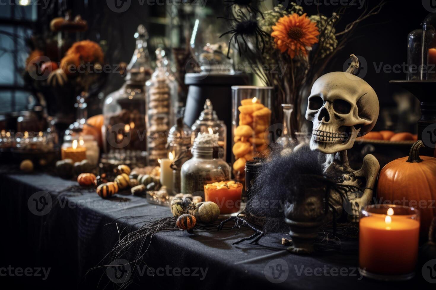 ai gegenereerd een tafel versierd met halloween decoraties. generatief ai foto
