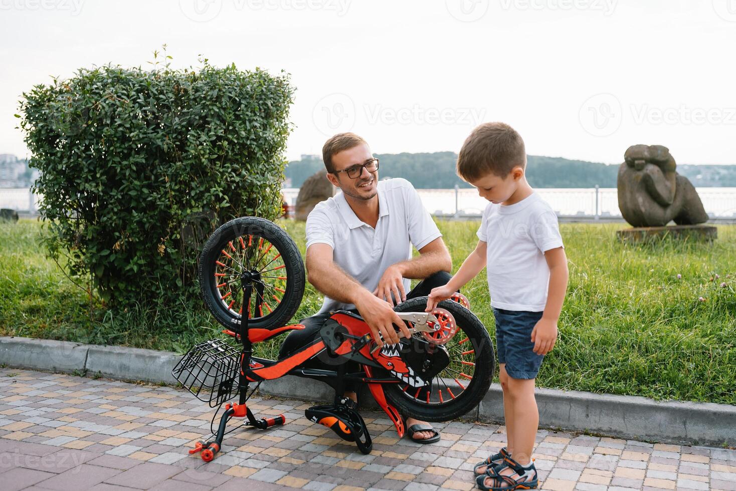 gelukkig vader en zijn zoon hebben pret samen Bij de groen park, vaststelling fiets samen. vader dag foto