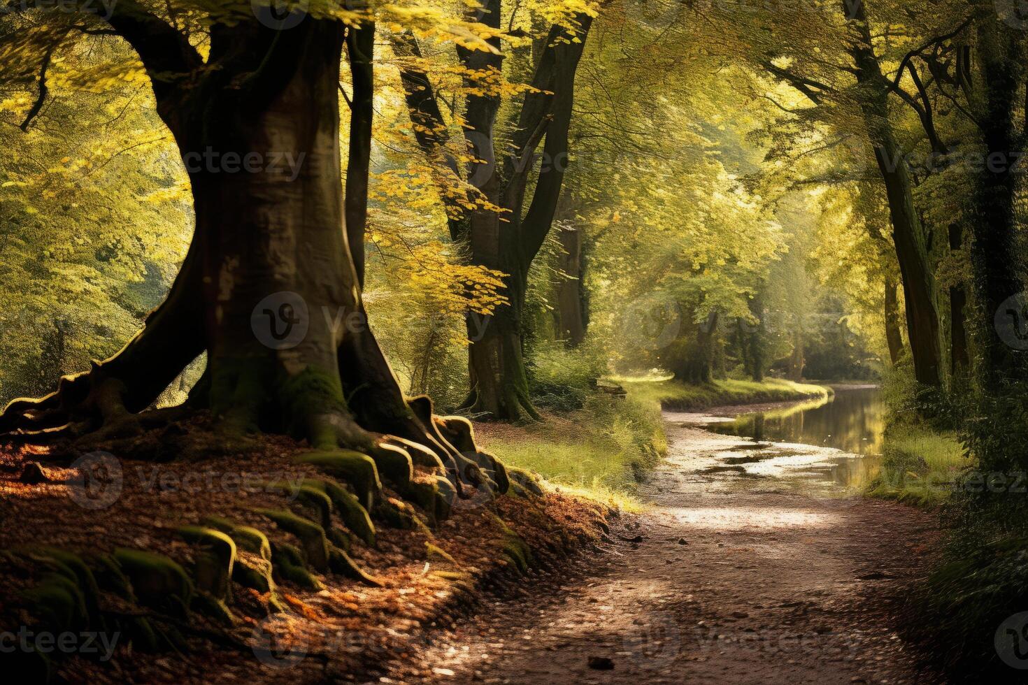 ai gegenereerd herfst bladeren Aan een Woud pad met gevlekt licht. generatief ai foto