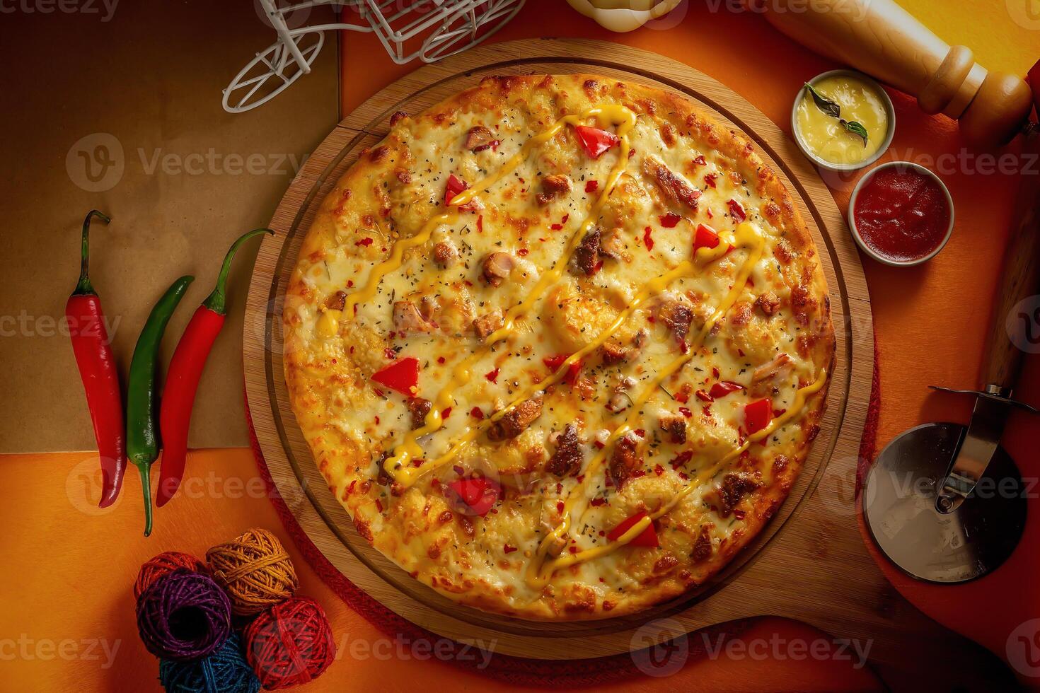barbecue kip pizza met tomaat saus en mayo geïsoleerd Aan houten bord top visie van Italiaans voedsel Aan houten achtergrond foto