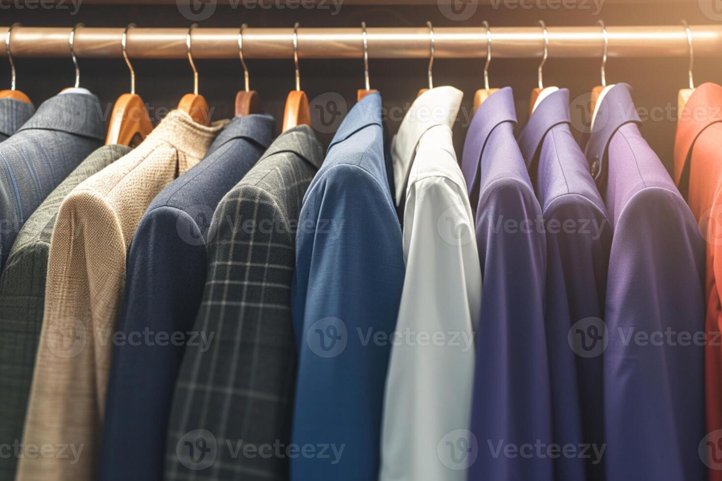 ai gegenereerd verschillend garderobe hangende kleurrijk Mannen pakken in een kast foto