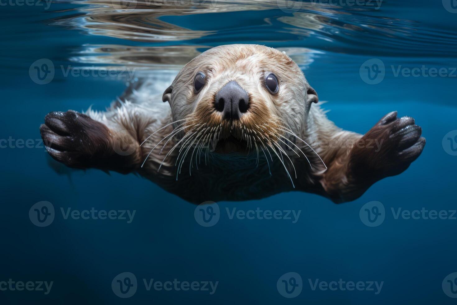 ai gegenereerd een nieuwsgierig zee Otter drijvend Aan haar rug. generatief ai foto